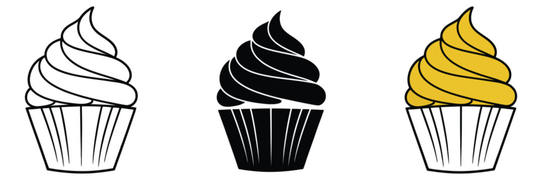 Linear cupcake illustration, simple vector graphic of a decorated muffin in line art style, monochrome design for dessert branding, icons, and culinary infographic use.