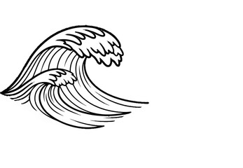 Stylized black ink drawing of two crashing ocean waves on a white background
