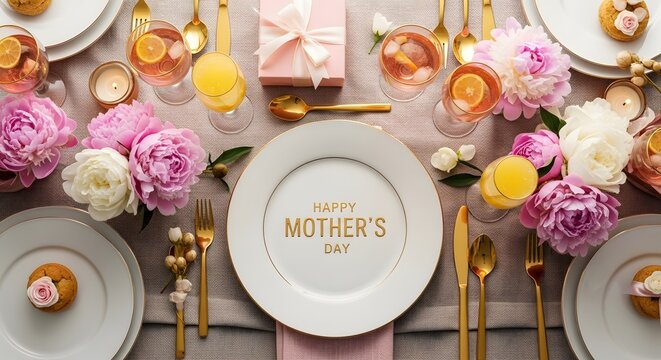 Top view of a festive Mother's Day table with golden fork and knife, gray napkin, and pink carnation flowers. Minimalist and clean aesthetic