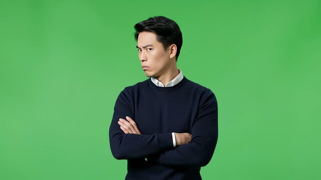 Frustrated Asian man with arms crossed, looking sideways on green screen.