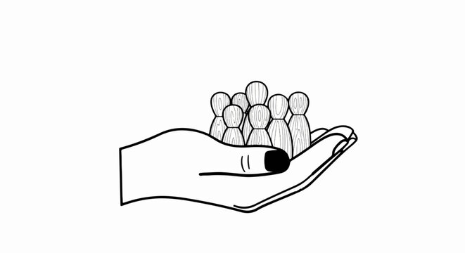 A stylized hand holds a group of wooden peg people
