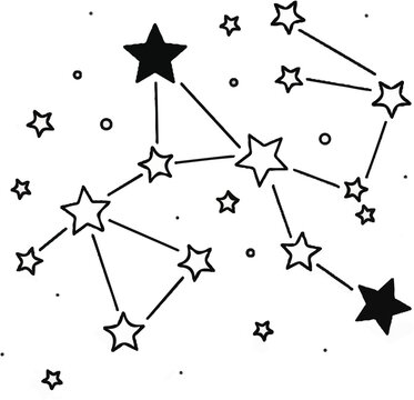 A stylized constellation of stars with two dark stars and connecting lines