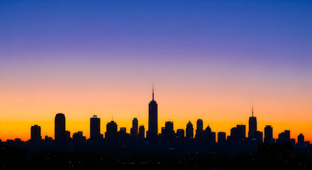 Silhouette of city skyline with tall buildings during colorful sunset