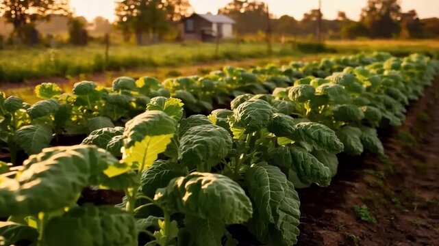 Golden Hour Sunlight Illuminating Rows of Fresh Green Cabbage Plants in a Vibrant Farm Field.