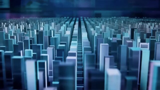 Abstract Digital City Landscape Featuring Geometric Blocks Representing Data and Technology Growth.