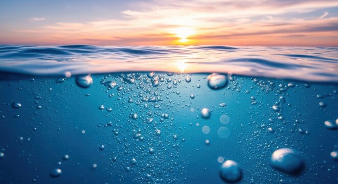 Underwater bubbles rising at sunset in clear ocean water, depicting natural freshness and serene environment concepts.