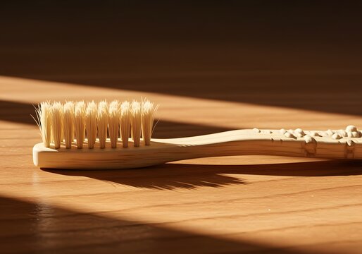 Toothbrush with natural bristles on wooden table surface