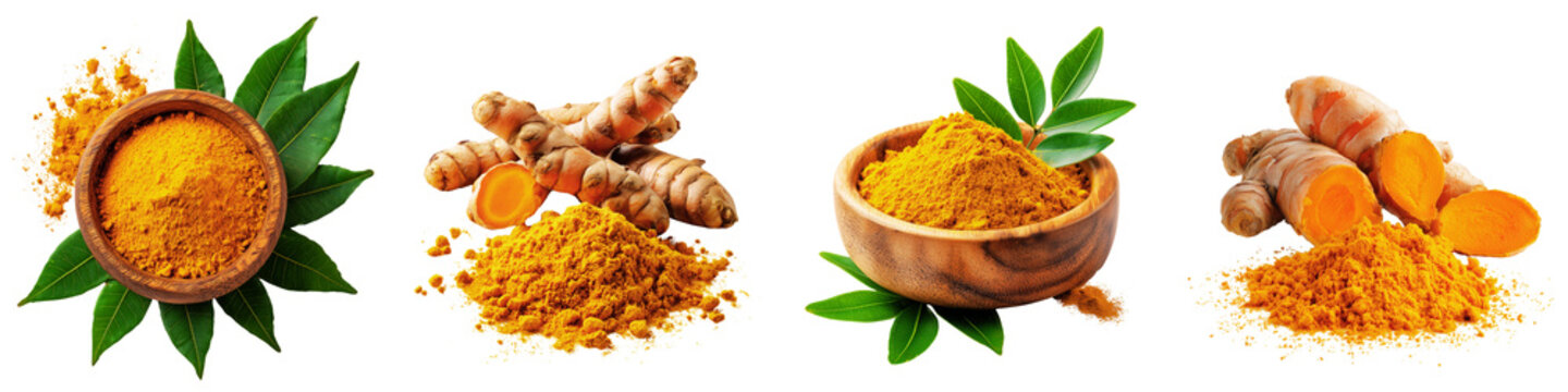 Set of turmeric powder and root with leaves isolated on transparent background