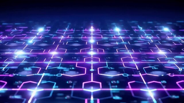 Abstract digital technology background showing data moving through illuminated hexagonal grid.