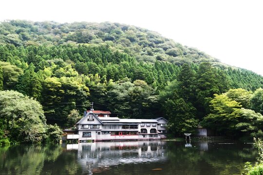 Serene Lakefront Building Surrounded by Lush Green Mountains