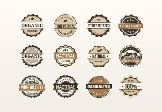 Rustic Organic Label Badge Vector Set - vintage sticker seals, natural farm product tags
