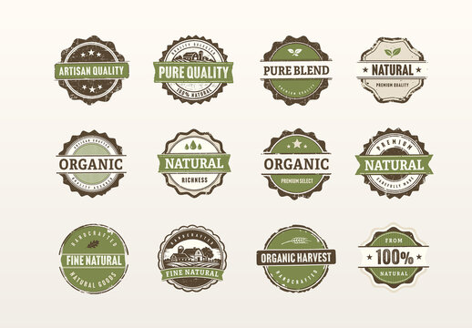 Rustic Organic Label Badge Vector Set - vintage sticker seals, natural farm product tags