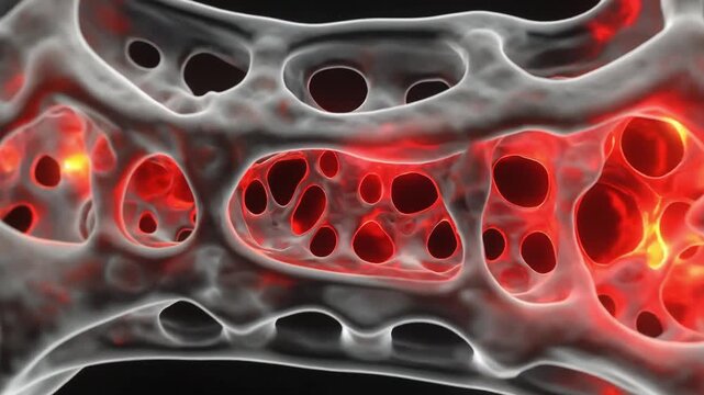 Microscopic view of spongy bone tissue, highlighting trabeculae with inflammatory red glowing areas, illustrating bone health and disease processes