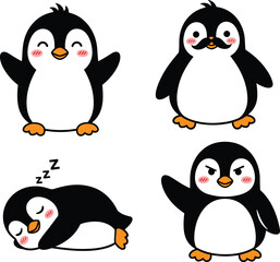 Fototapeta premium Cute Penguin Cartoon Characters Set in Different Poses Vector Illustration