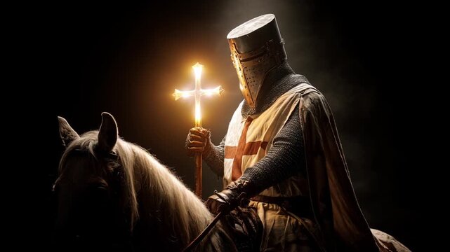 crusader warrior holding holy shining cross on horse