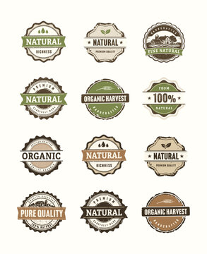 Rustic Organic Label Badge Vector Set - Vintage Sticker Seals, Natural Farm Organic Product Tags