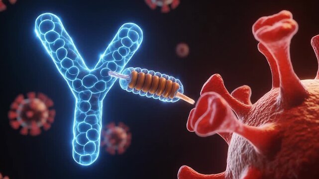 Dynamic 3D illustration of a glowing Y-shaped antibody actively engaging a dangerous viral pathogen, symbolizing immune defense mechanisms and therapeutic intervention against disease