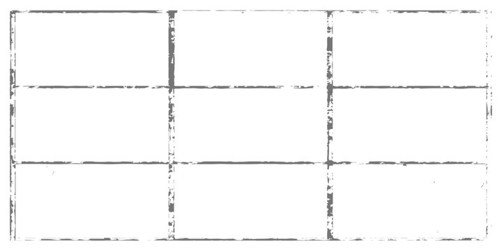 Minimalist black and white grid overlay, vintage 3x3 contact sheet frame with distressed texture and thin ink lines