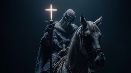 crusader warrior holding holy shining cross on horse