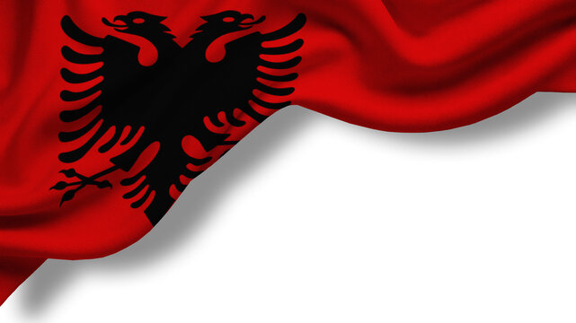 A flag displays the red background with a black double-headed eagle. The fabric moves gently in the wind, showcasing national symbols. This flag represents Albania and its heritage.