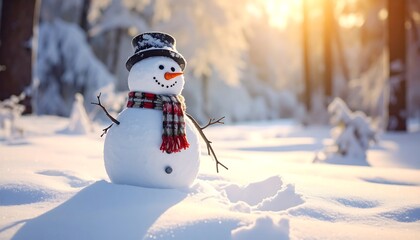 Obraz premium Adorable snowman in forest, sunlit, wearing hat, scarf, on snowy ground