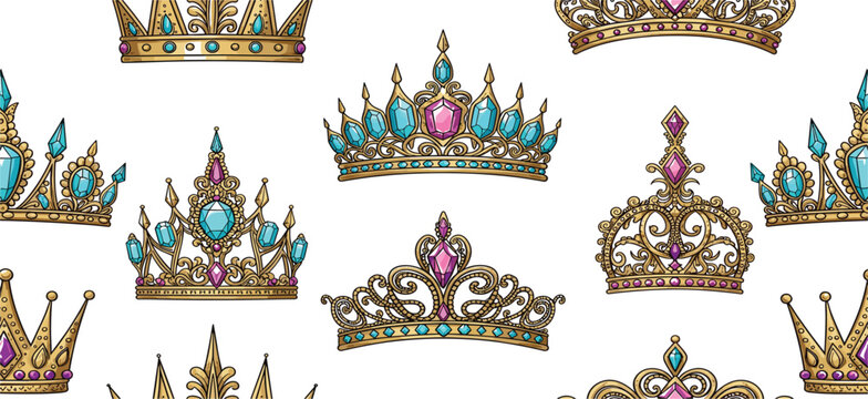 Elegant collection of vintage golden tiaras and luxury crowns featuring intricate filigree details, blue teal gems, and purple diamonds for royal wedding princess design.