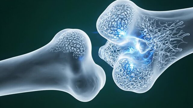 Close-up 3D animation of a healthy human knee joint articulation, bone structure