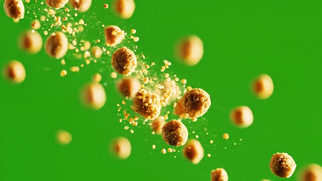 Close-up of cereal spheres floating and falling against a vibrant green background.