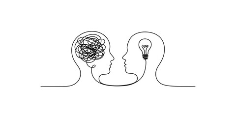 Continuous line art illustrating the transfer of an idea from a confused mind to a clear mind Vector, illustration
