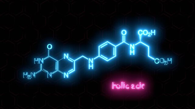 Vitamin B9, folic acid molecule. Skeletal formula. Neon glowing.