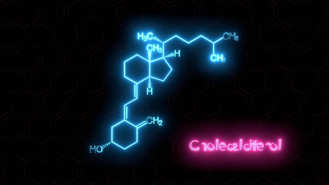 Cholecalciferol, Vitamin D3 structural chemical formula. Neon glowing.