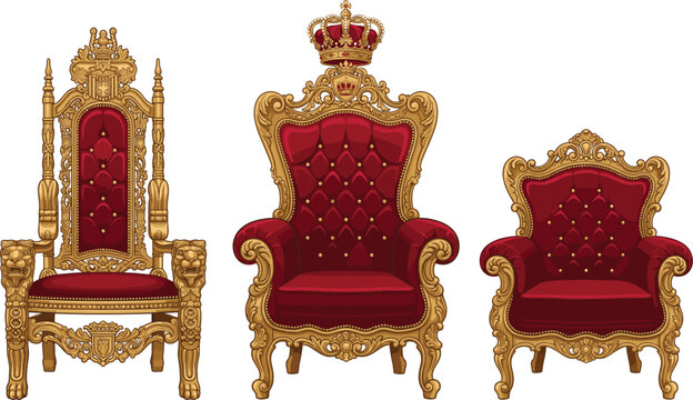 Luxury royal throne chairs set, golden baroque armchairs with red velvet upholstery and crown vector illustration