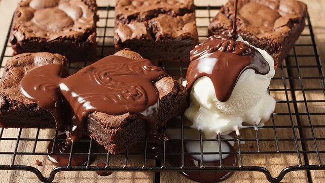 Decadent Chocolate Brownies with Melting Ice Cream and Rich Chocolate Sauce on a Cooling Rack