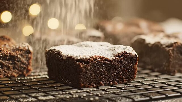 Decadent chocolate brownie squares being dusted with powdered sugar on a cooling rack with soft bokeh lights.