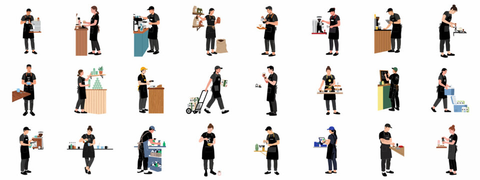 Diverse Baristas and Coffee Shop Staff Performing Daily Tasks, from Brewing to Customer Service and Inventory Management in a Cafe Setting.