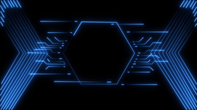 Blue neon glowing hexagon frame with abstract digital circuit patterns.