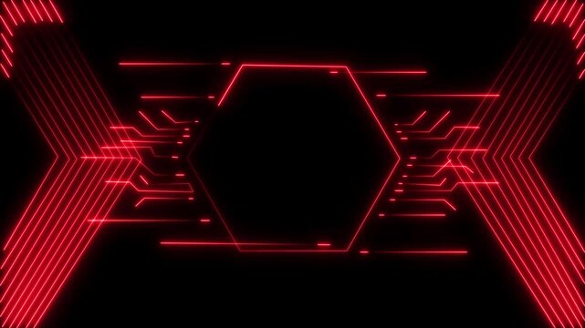 Blue neon glowing hexagon frame with abstract digital circuit patterns.