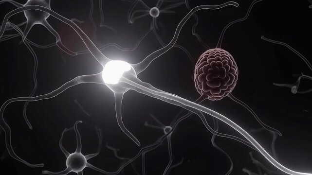 Abstract visualization of active brain neurons in a neural network, featuring a distinct, problematic cell, symbolizing neurological health, disease, and scientific research