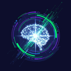 Abstract digital brain illustration with glowing polygonal mesh and futuristic circular interface elements representing AI and technology. © Dimas