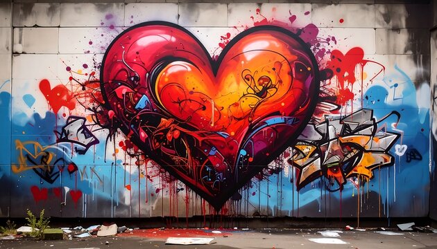A vibrant heart-shaped graffiti mural exploding with color, set against a weathered concrete backdrop. It features an intricate design with various shapes
