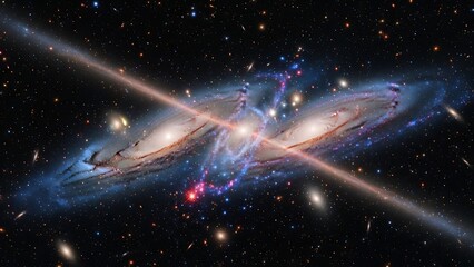 Obraz premium Interacting Spiral Galaxies with Cosmic Jet in Deep Space