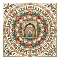 Naklejka premium An intricate circular floral and architectural design featuring a central palace motif on transparent background high quality professional
