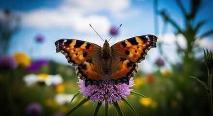 Vibrant Peacock Butterfly Resting on a Purple Wildflower in a Sunny Meadow &ndash; Symbolizing Nature's Delicate Beauty and Ecological Harmony