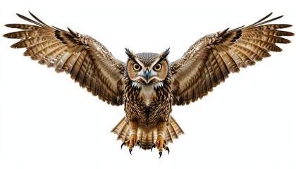 Obraz premium Front view of a great horned owl flying with wings fully spread, sharp talons forward, detailed feathers, intense yellow eyes, isolated on transparent background, high clarity, realistic wildlife imag