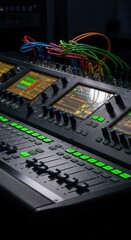 Modern Digital Audio Mixer With Illuminated Controls and Cables Against Dark Backgrounds