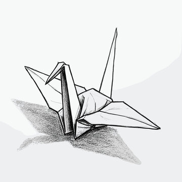 Artistic black and white origami crane illustration with detailed lines