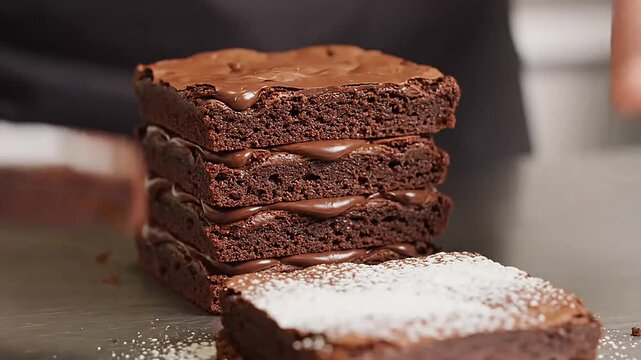 Stack of decadent chocolate brownies dusted with powdered sugar, ready to be served.
