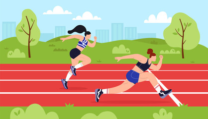 Obraz premium Two athletic female runners compete on a stadium track, with one runner overtaking the other. Flat vector illustration focused on speed, training and active lifestyle.
