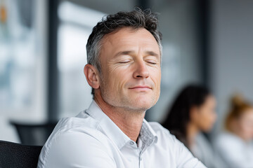 Obraz premium Businessman relaxes in meeting room during discussion with team members present and focused on conversation