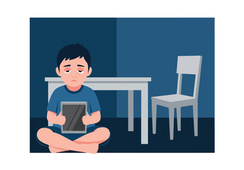 Modern vector illustration of child using tablet alone in dark bedroom at night. Screen addiction, excessive device use and digital overexposure concept for parenting and child mental health